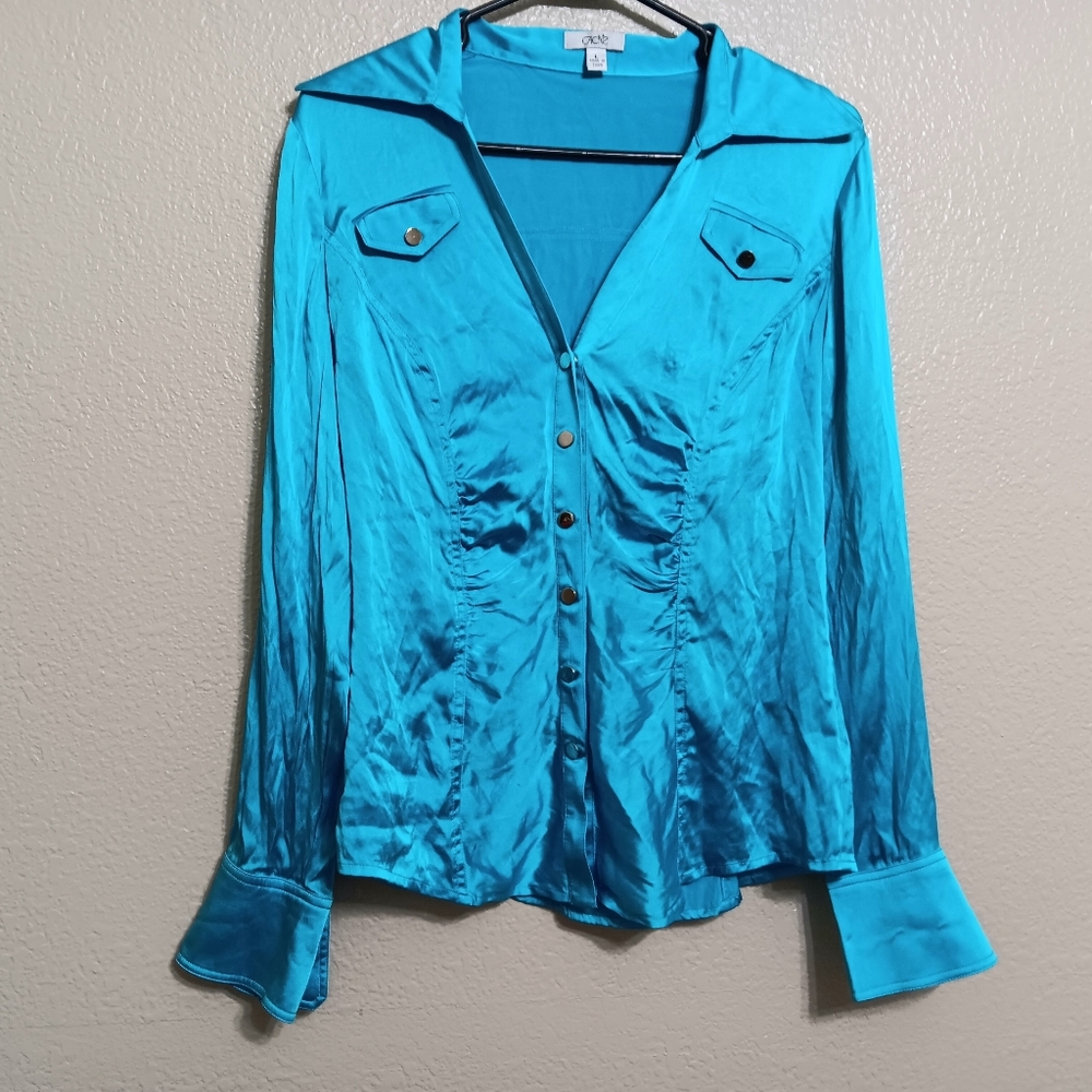 Cache Turquoise Satin Button-Front Blouse
